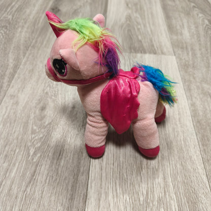 Pink Winged Unicorn Plush Soft Toy Rainbow Mane Glitter Wings Sound Pegasus