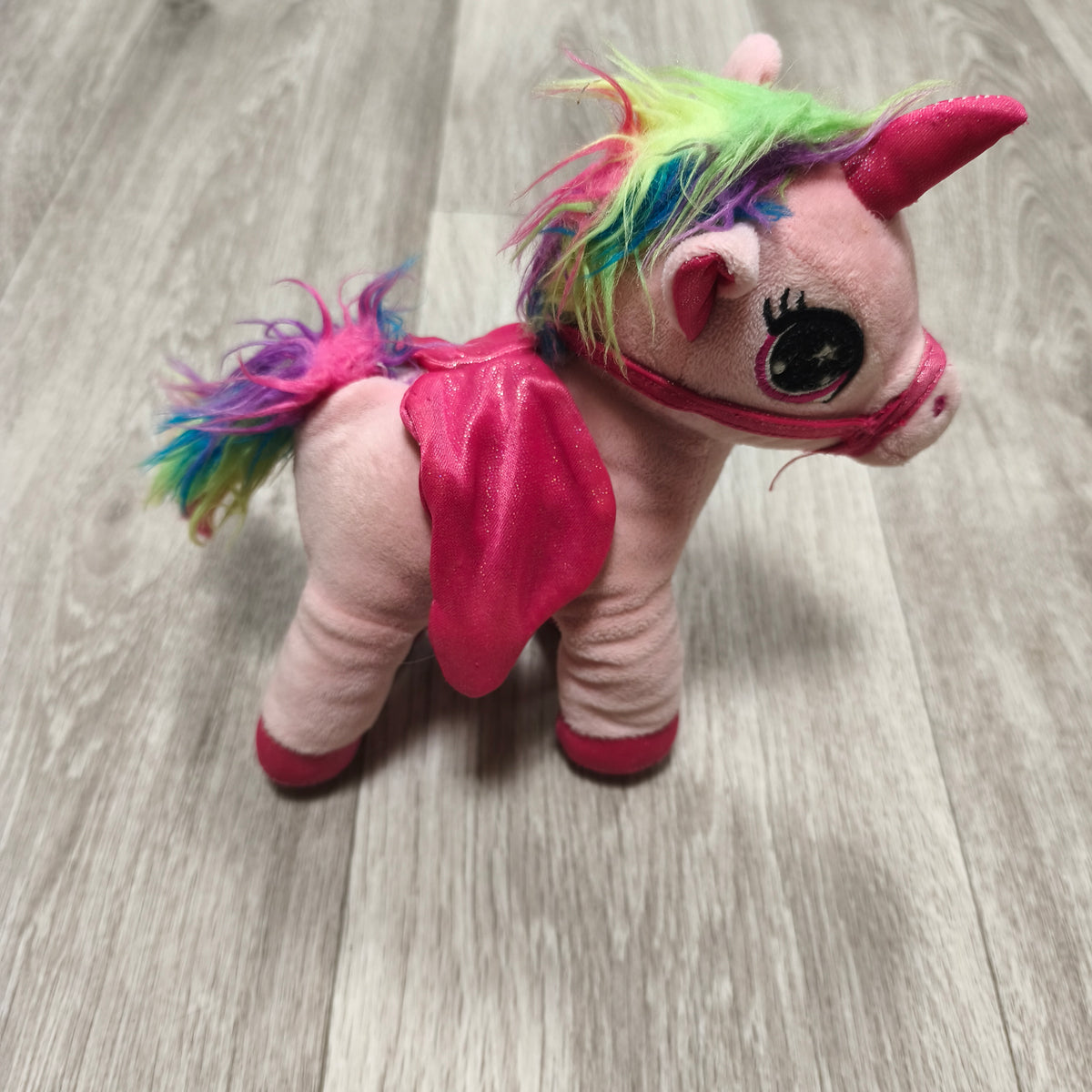 Pink Winged Unicorn Plush Soft Toy Rainbow Mane Glitter Wings Sound Pegasus