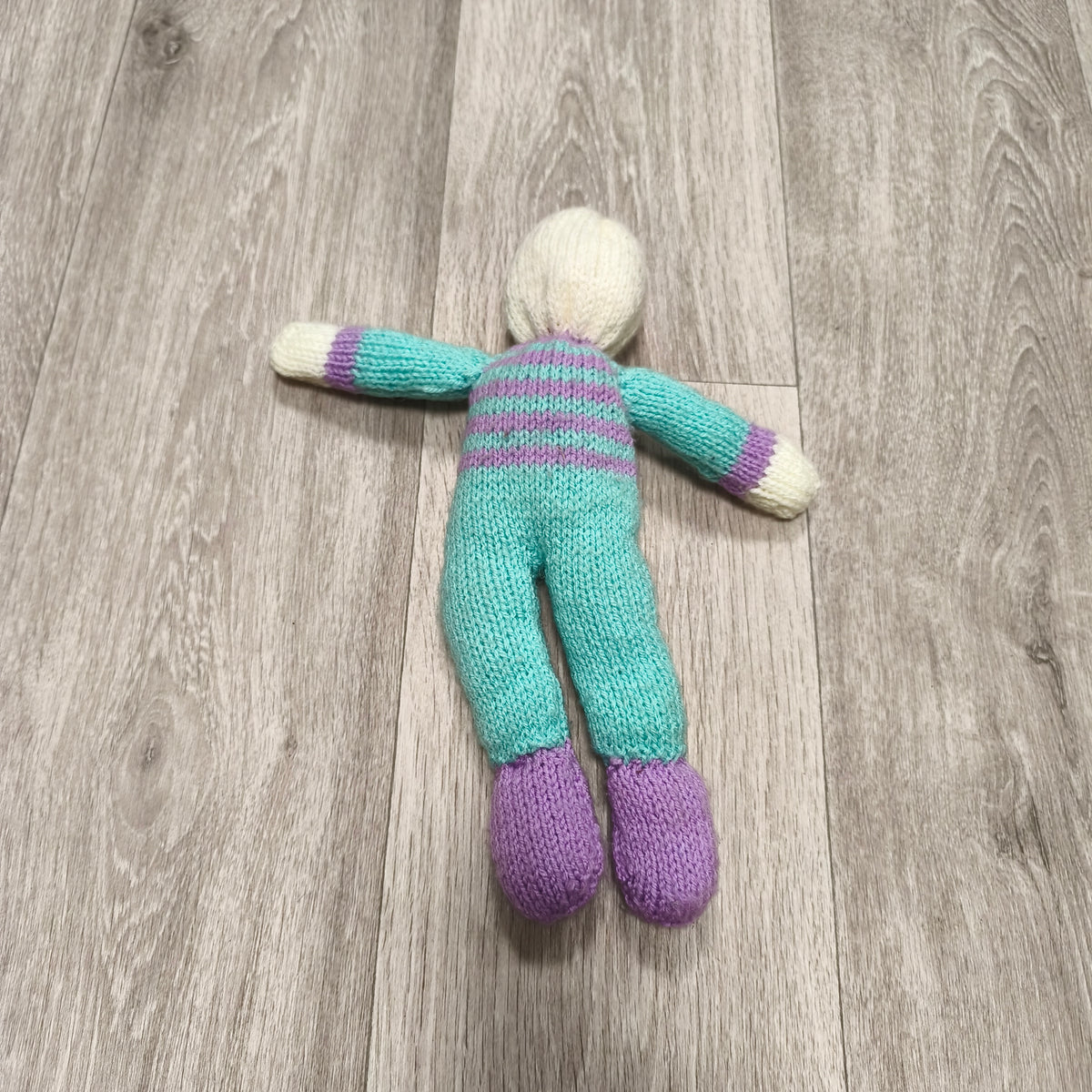 Handmade Hand Knitted Doll Soft Toy Teal Purple Striped Faceless Knit Doll