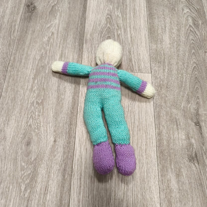 Handmade Hand Knitted Doll Soft Toy Teal Purple Striped Faceless Knit Doll