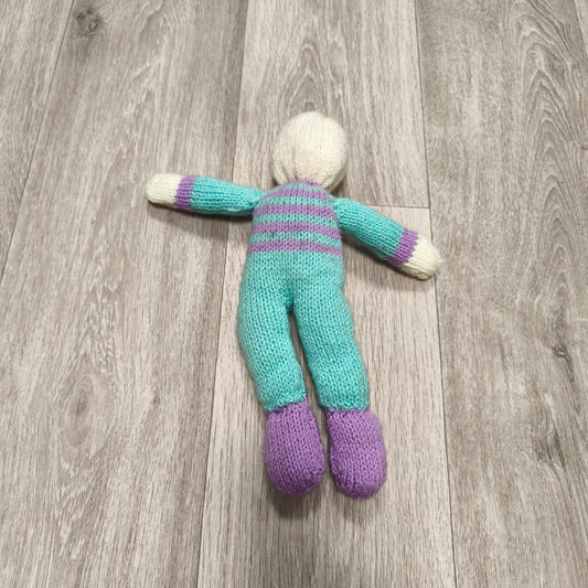 Handmade Hand Knitted Doll Soft Toy Teal Purple Striped Faceless Knit Doll