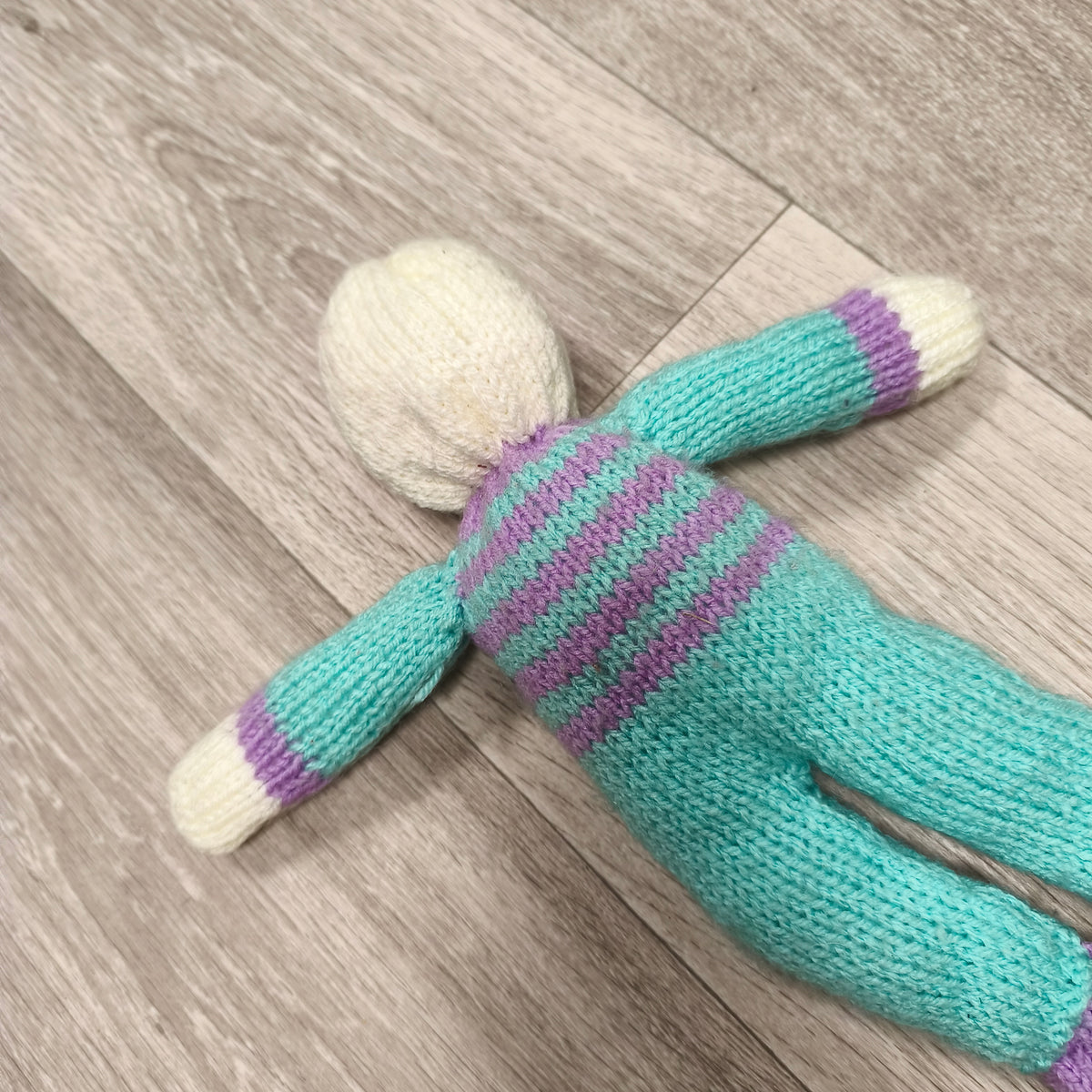 Handmade Hand Knitted Doll Soft Toy Teal Purple Striped Faceless Knit Doll