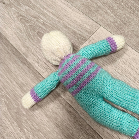 Handmade Hand Knitted Doll Soft Toy Teal Purple Striped Faceless Knit Doll