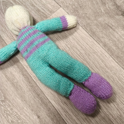 Handmade Hand Knitted Doll Soft Toy Teal Purple Striped Faceless Knit Doll