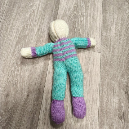 Handmade Hand Knitted Doll Soft Toy Teal Purple Striped Faceless Knit Doll