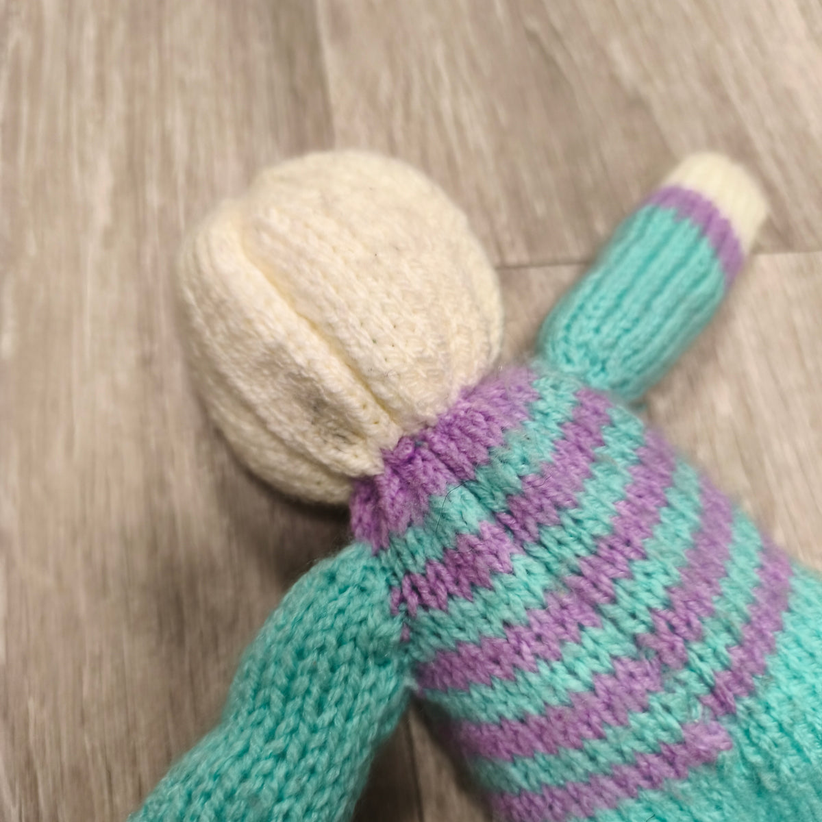 Handmade Hand Knitted Doll Soft Toy Teal Purple Striped Faceless Knit Doll