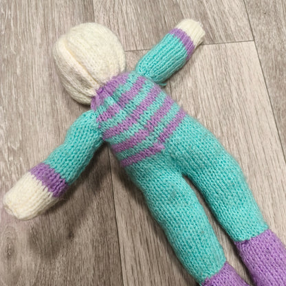 Handmade Hand Knitted Doll Soft Toy Teal Purple Striped Faceless Knit Doll