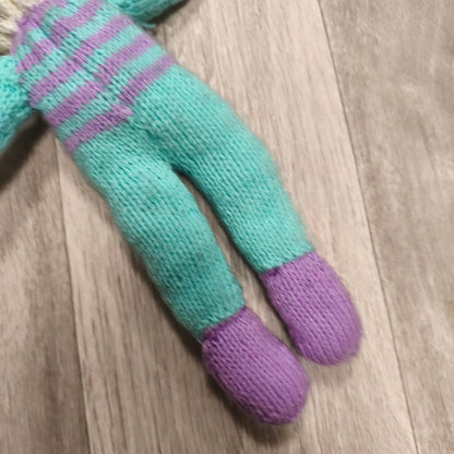 Handmade Hand Knitted Doll Soft Toy Teal Purple Striped Faceless Knit Doll