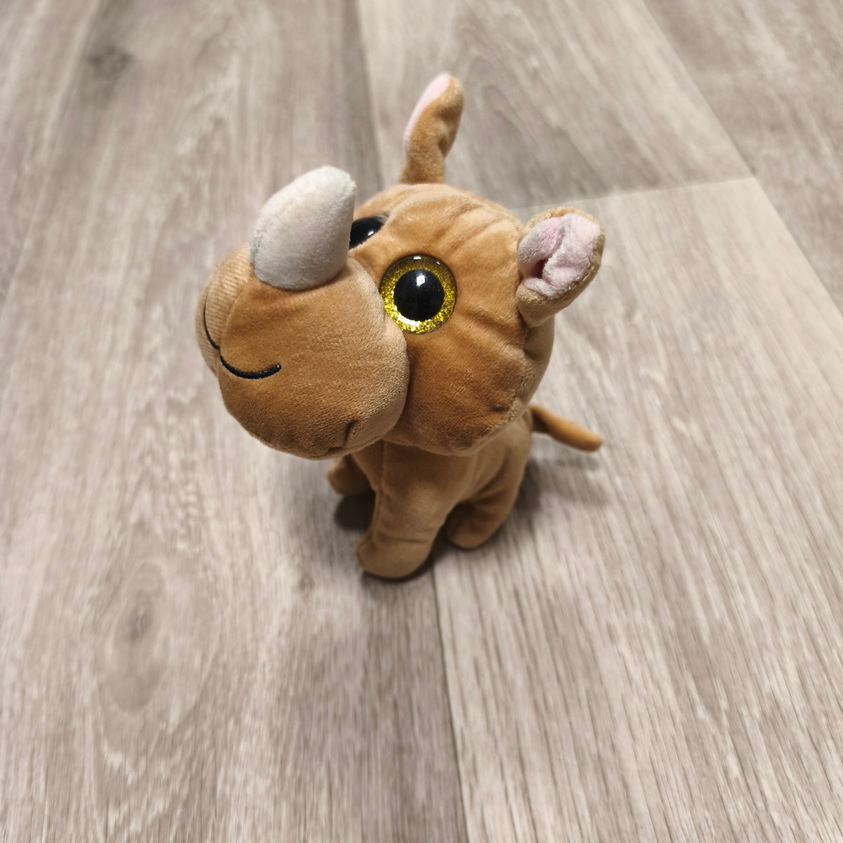 Rhino Plush Soft Toy Glitter Eyes Brown Stuffed Animal Small 6" Cute Collectible