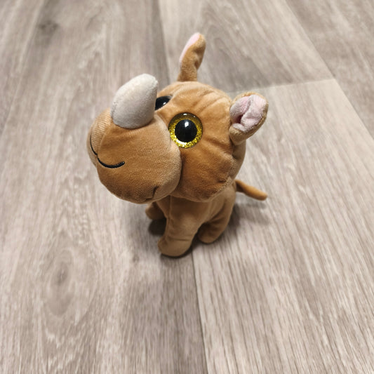 Rhino Plush Soft Toy Glitter Eyes Brown Stuffed Animal Small 6" Cute Collectible