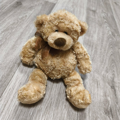 Beige Plush Teddy Bear Stuffed Animal Toy Brown Ribbon Bow Soft Curly Fur
