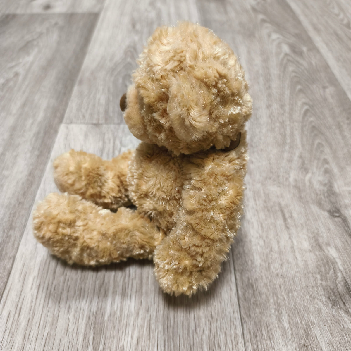 Beige Plush Teddy Bear Stuffed Animal Toy Brown Ribbon Bow Soft Curly Fur