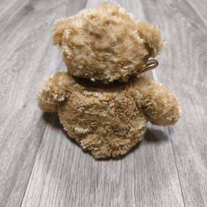 Beige Plush Teddy Bear Stuffed Animal Toy Brown Ribbon Bow Soft Curly Fur