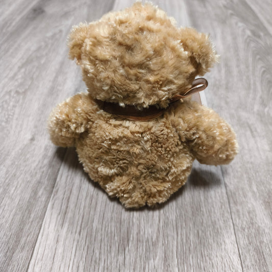 Beige Plush Teddy Bear Stuffed Animal Toy Brown Ribbon Bow Soft Curly Fur