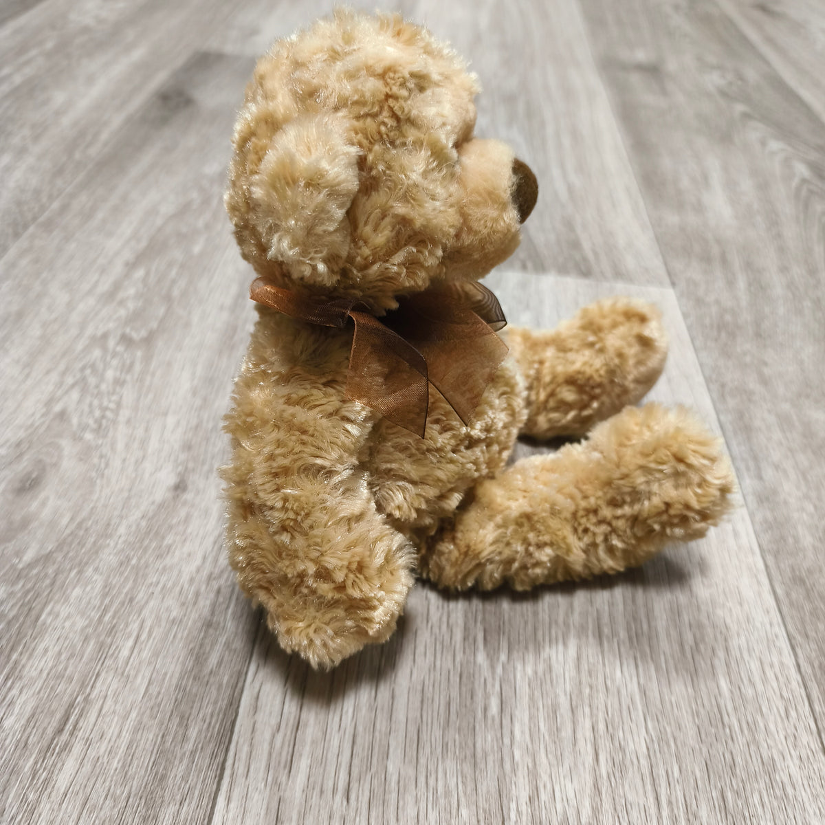 Beige Plush Teddy Bear Stuffed Animal Toy Brown Ribbon Bow Soft Curly Fur