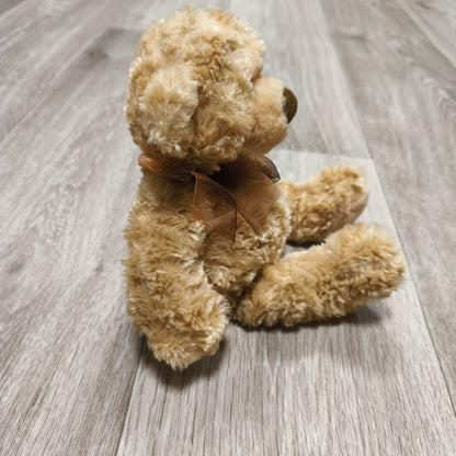 Beige Plush Teddy Bear Stuffed Animal Toy Brown Ribbon Bow Soft Curly Fur