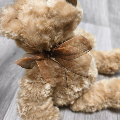 Beige Plush Teddy Bear Stuffed Animal Toy Brown Ribbon Bow Soft Curly Fur