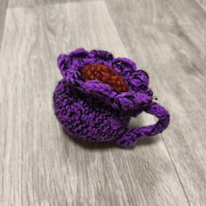 Handmade Crochet Purple Floral Teacup Ornament Figurine Sparkle Yarn Amigurumi