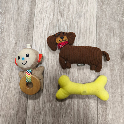 Lot 3 Baby Plush Toys Plush Dachshund Dog Squeaker Wooden Ring Rattle Yellow Bone