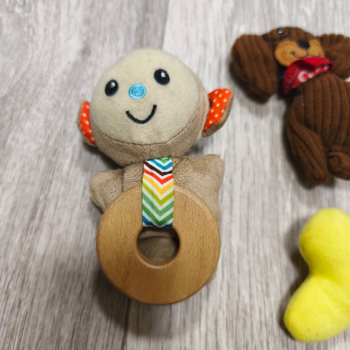 Lot 3 Baby Plush Toys Plush Dachshund Dog Squeaker Wooden Ring Rattle Yellow Bone