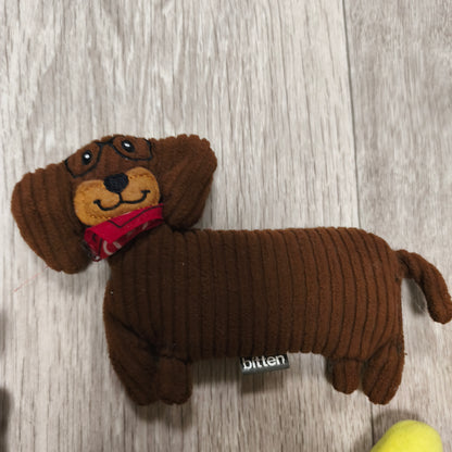Lot 3 Baby Plush Toys Plush Dachshund Dog Squeaker Wooden Ring Rattle Yellow Bone