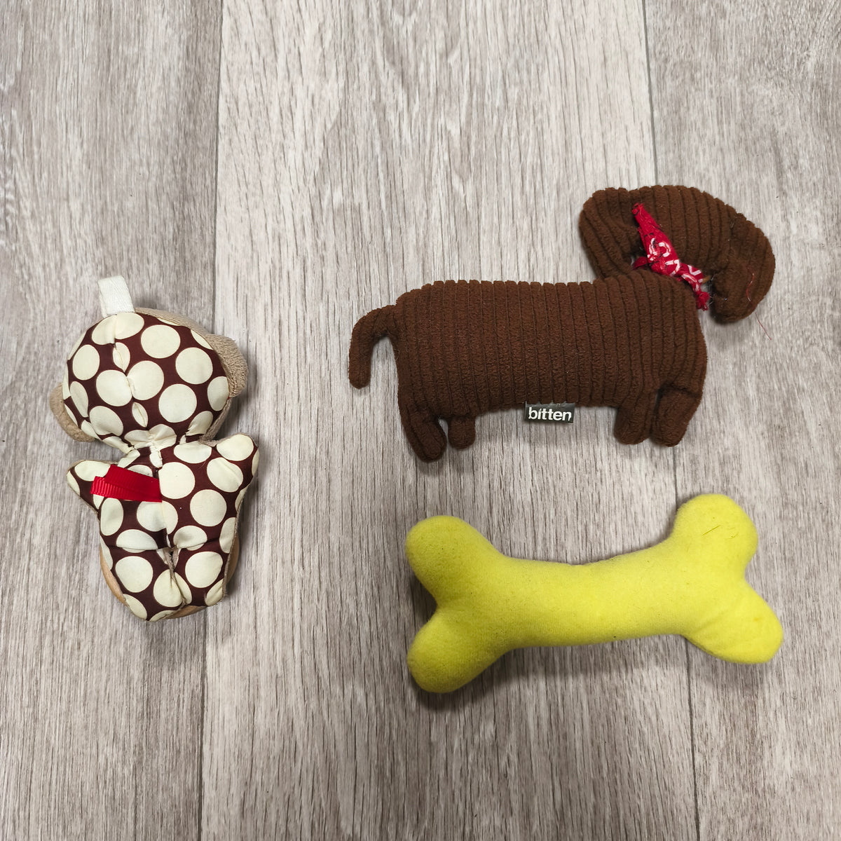 Lot 3 Baby Plush Toys Plush Dachshund Dog Squeaker Wooden Ring Rattle Yellow Bone