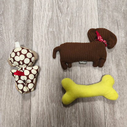 Lot 3 Baby Plush Toys Plush Dachshund Dog Squeaker Wooden Ring Rattle Yellow Bone