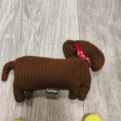 Lot 3 Baby Plush Toys Plush Dachshund Dog Squeaker Wooden Ring Rattle Yellow Bone