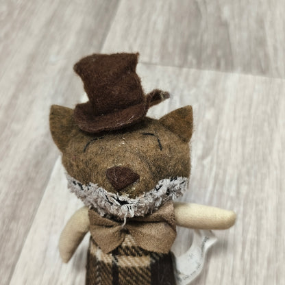 Felt Animal Plush Figurine Gentleman Cat Fox Top Hat Bow Tie Plaid Body