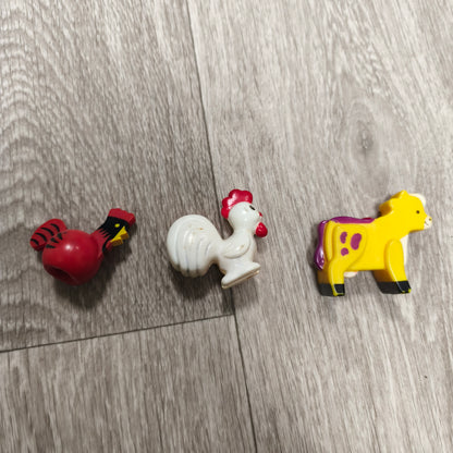 Vintage Plastic Farm Animal Figures Lot Yellow Cow White Rooster Red Hen Toy