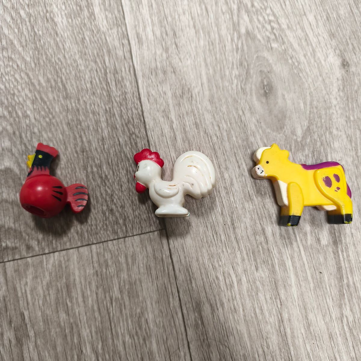 Vintage Plastic Farm Animal Figures Lot Yellow Cow White Rooster Red Hen Toy