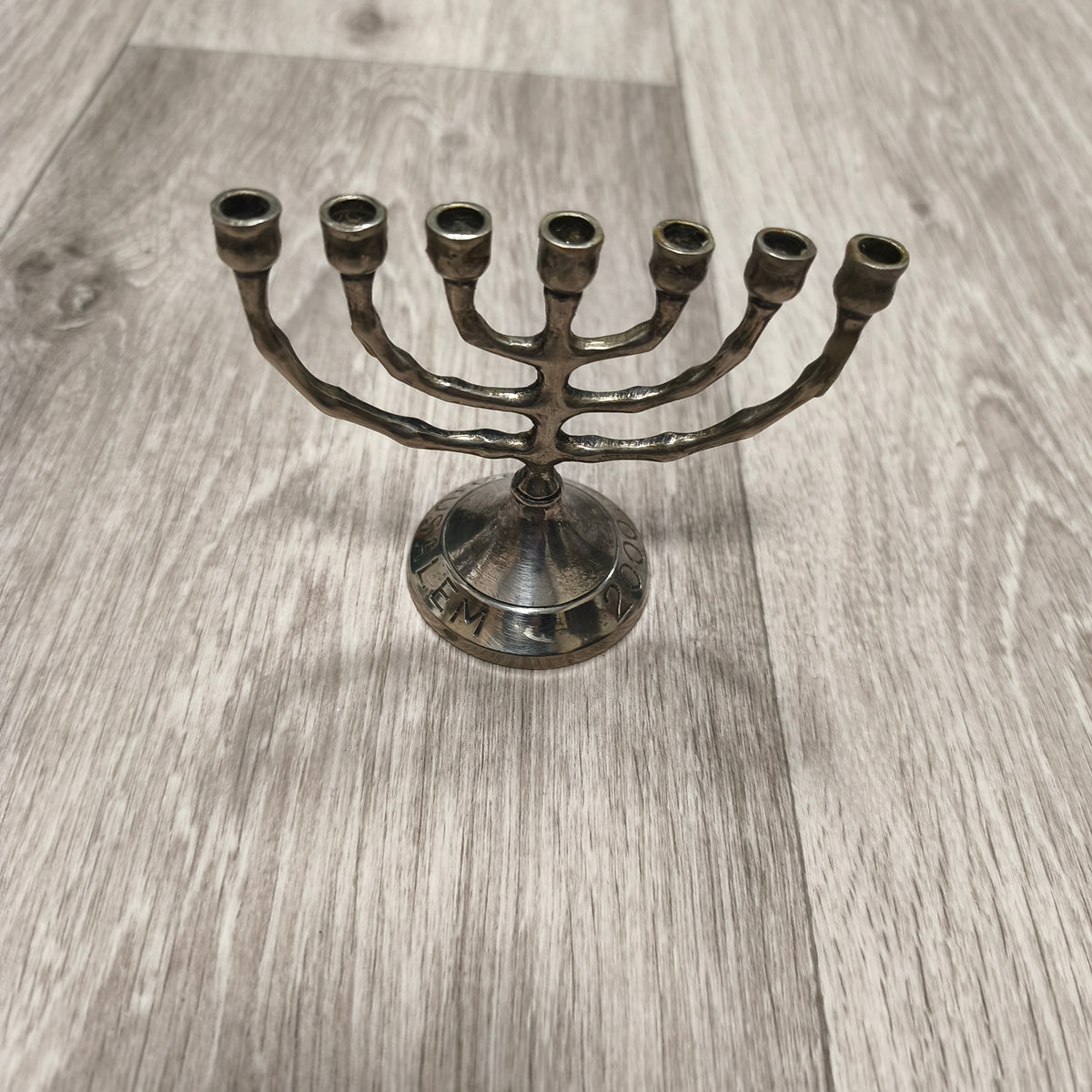 Vintage Jerusalem 2000 7 Branch Menorah Candle Holder Silver Tone Metal Judaica