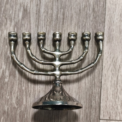 Vintage Jerusalem 2000 7 Branch Menorah Candle Holder Silver Tone Metal Judaica
