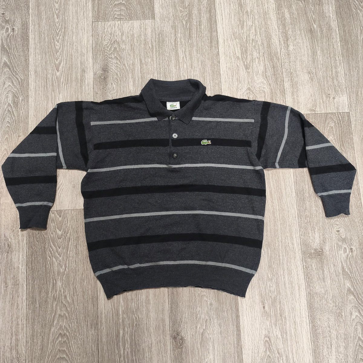 Vintage Lacoste Wool Striped Long Sleeve Polo Sweater Gray Black Size 7