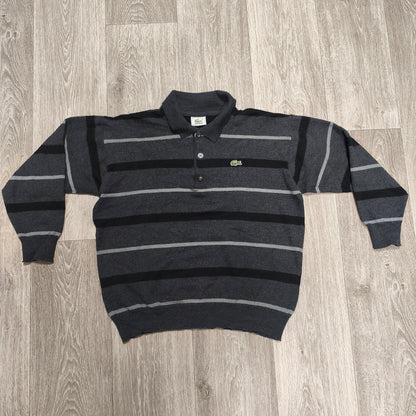 Vintage Lacoste Wool Striped Long Sleeve Polo Sweater Gray Black Size 7