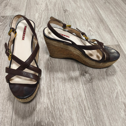 Prada Brown Leather Cork Wedge Espadrille Sandals Ankle Strap Heels Size 39.5