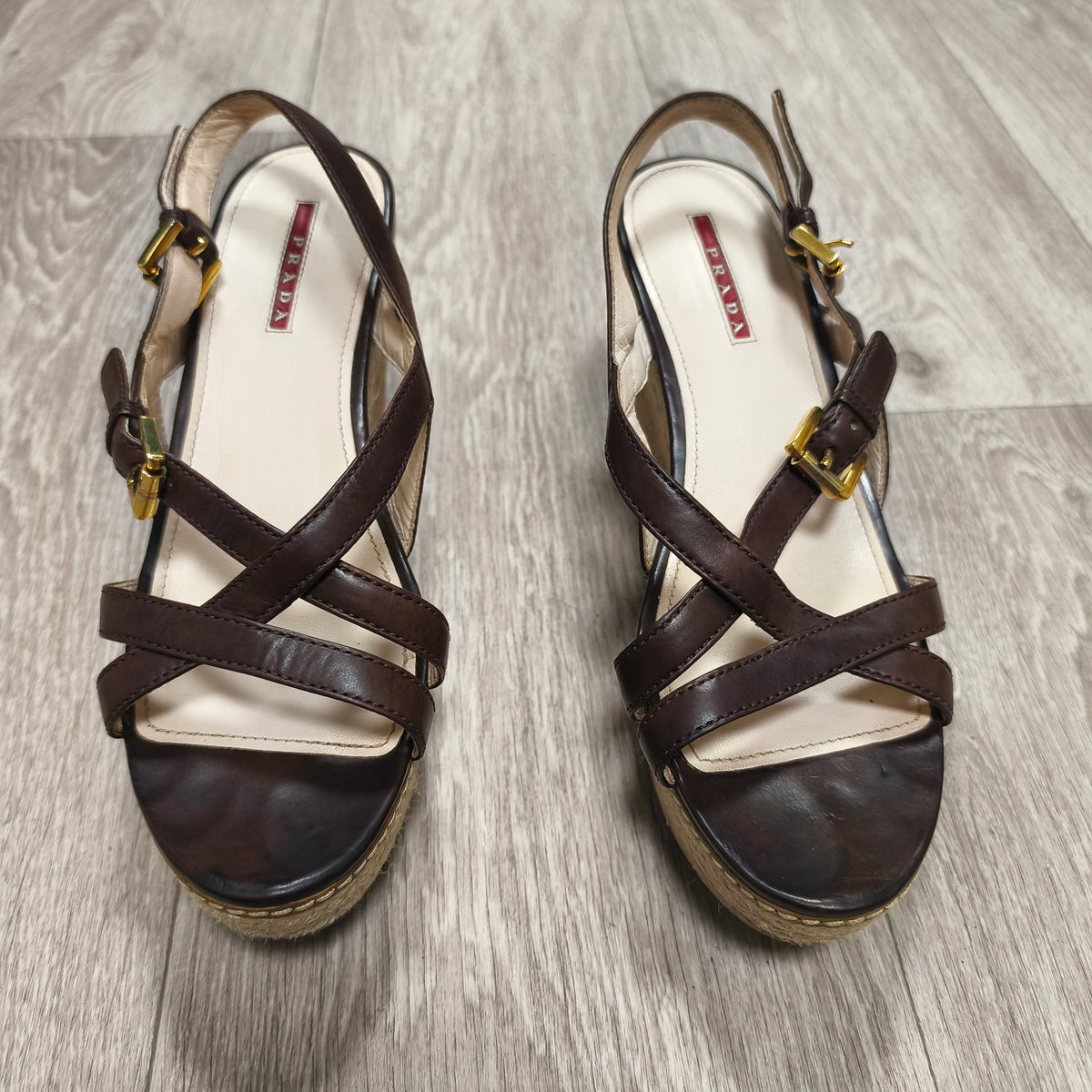 Prada Brown Leather Cork Wedge Espadrille Sandals Ankle Strap Heels Size 39.5