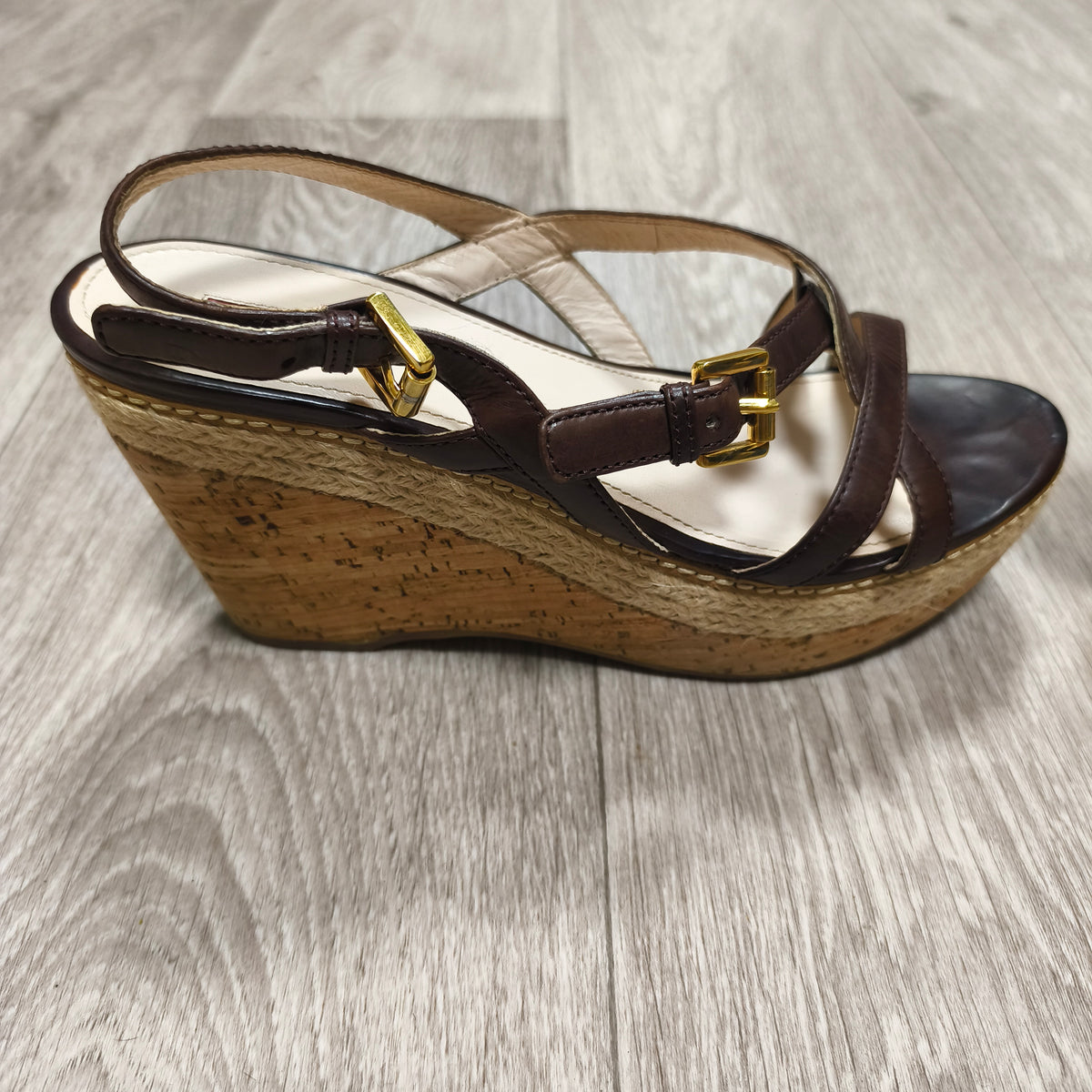 Prada Brown Leather Cork Wedge Espadrille Sandals Ankle Strap Heels Size 39.5