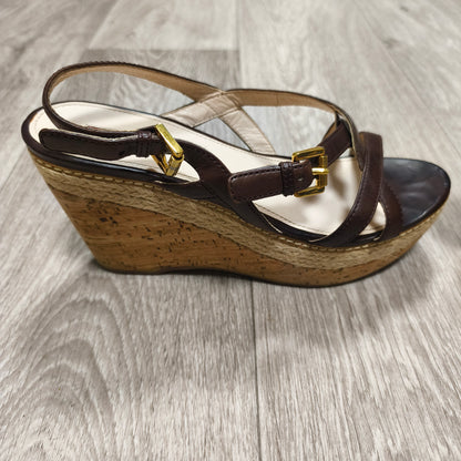 Prada Brown Leather Cork Wedge Espadrille Sandals Ankle Strap Heels Size 39.5