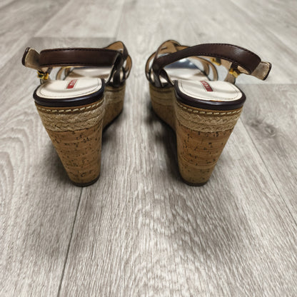 Prada Brown Leather Cork Wedge Espadrille Sandals Ankle Strap Heels Size 39.5