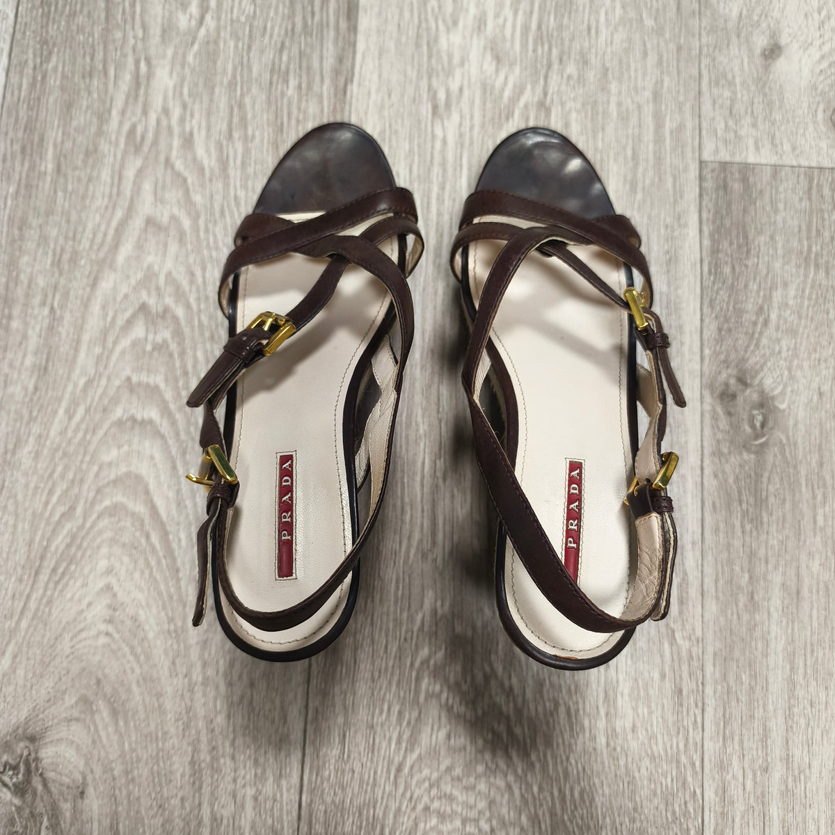 Prada Brown Leather Cork Wedge Espadrille Sandals Ankle Strap Heels Size 39.5