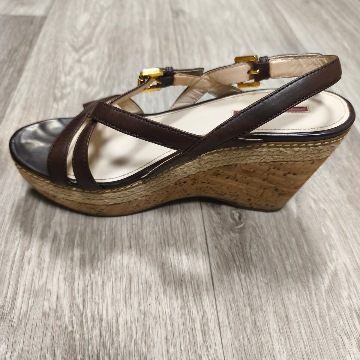 Prada Brown Leather Cork Wedge Espadrille Sandals Ankle Strap Heels Size 39.5
