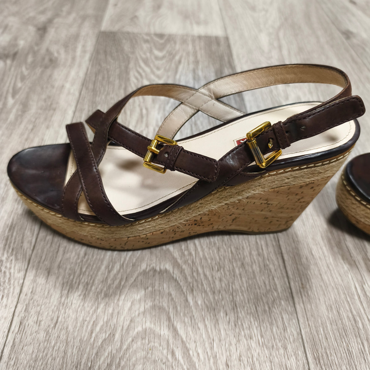 Prada Brown Leather Cork Wedge Espadrille Sandals Ankle Strap Heels Size 39.5