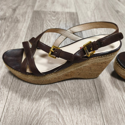 Prada Brown Leather Cork Wedge Espadrille Sandals Ankle Strap Heels Size 39.5
