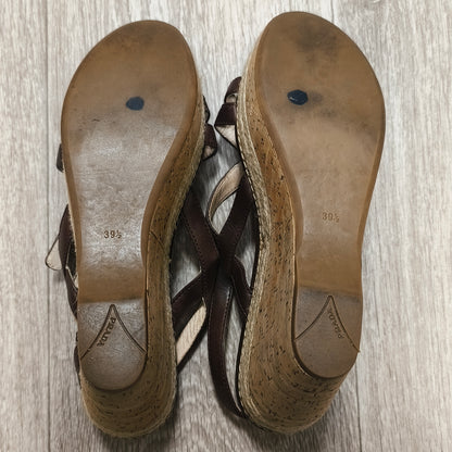 Prada Brown Leather Cork Wedge Espadrille Sandals Ankle Strap Heels Size 39.5
