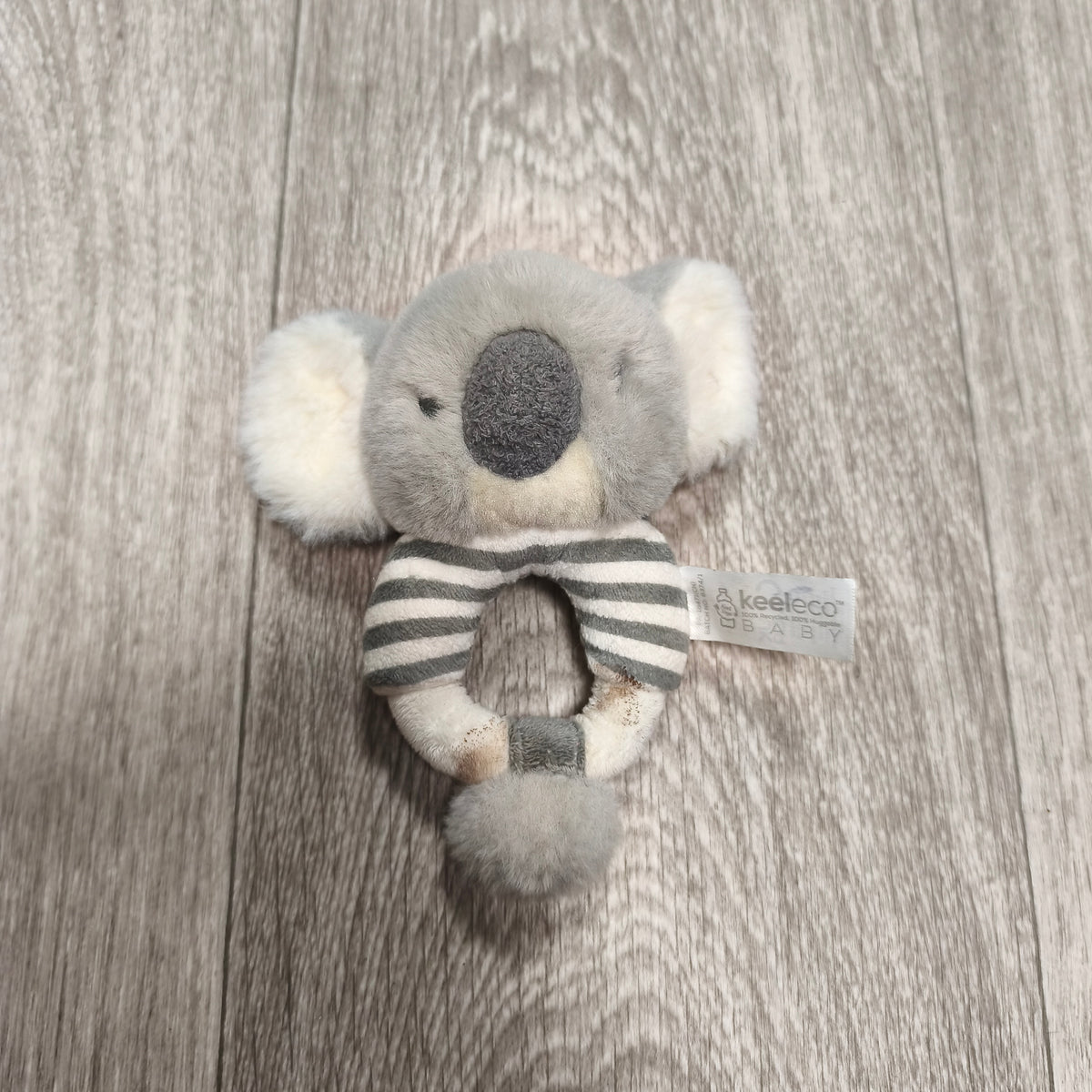 Keeleco Baby Koala Bear Ring Rattle Plush Soft Toy Grey White Striped Neutral