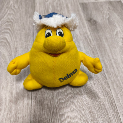 Vintage Delma Yellow Mascot Character Plush Soft Toy Blue Winter Hat Rare
