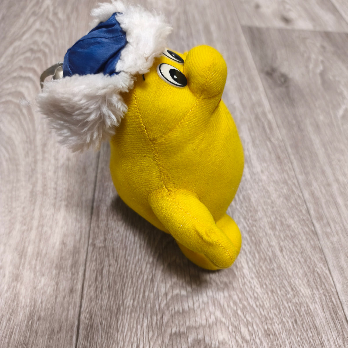 Vintage Delma Yellow Mascot Character Plush Soft Toy Blue Winter Hat Rare
