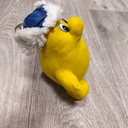 Vintage Delma Yellow Mascot Character Plush Soft Toy Blue Winter Hat Rare
