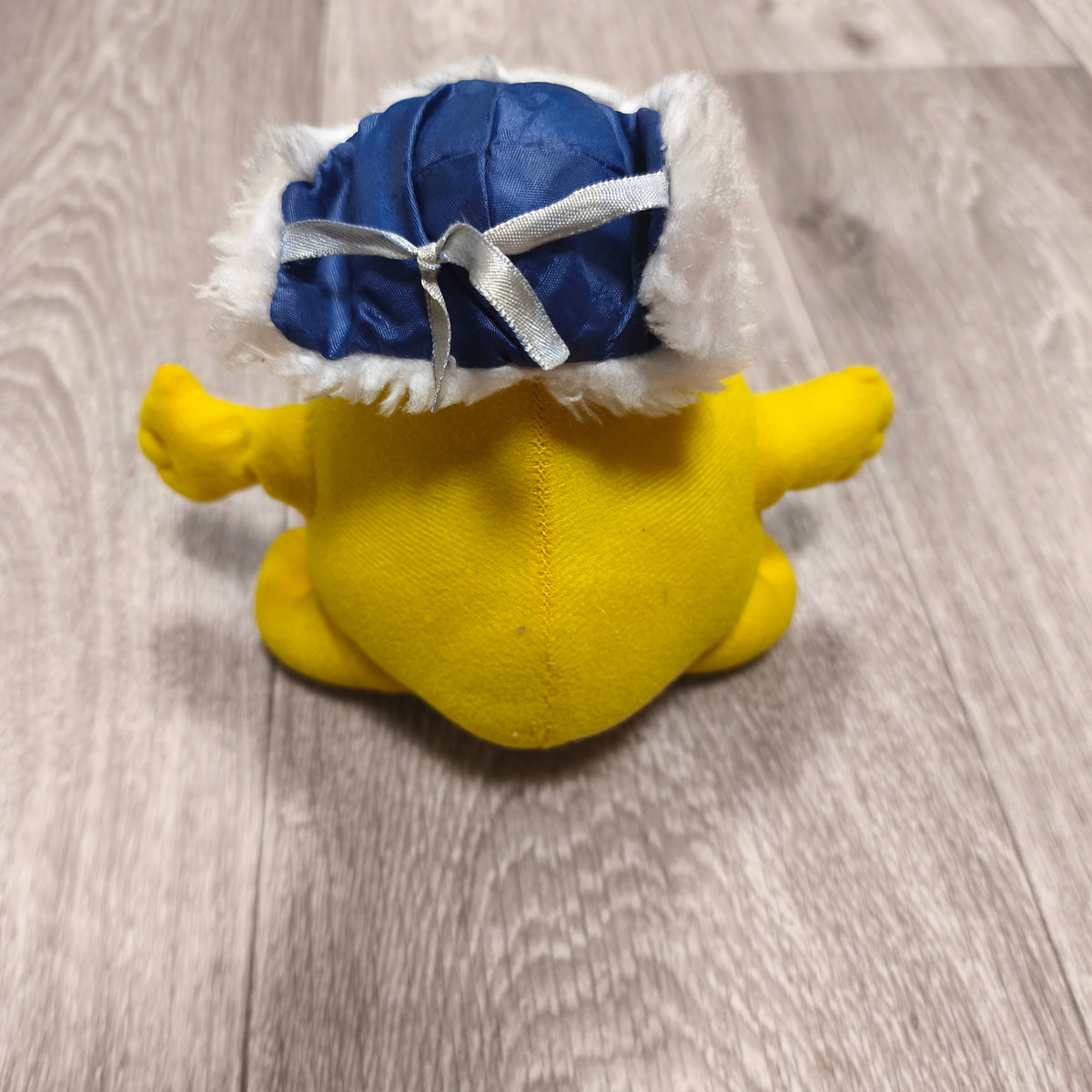Vintage Delma Yellow Mascot Character Plush Soft Toy Blue Winter Hat Rare